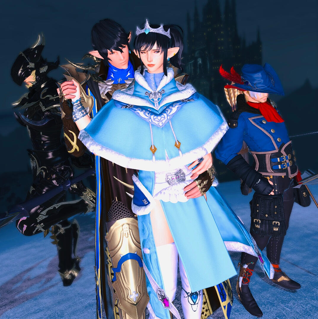 Lucan leaning against a wall in Ishgard while Applesauce kisses Ser Aymeric in the background.