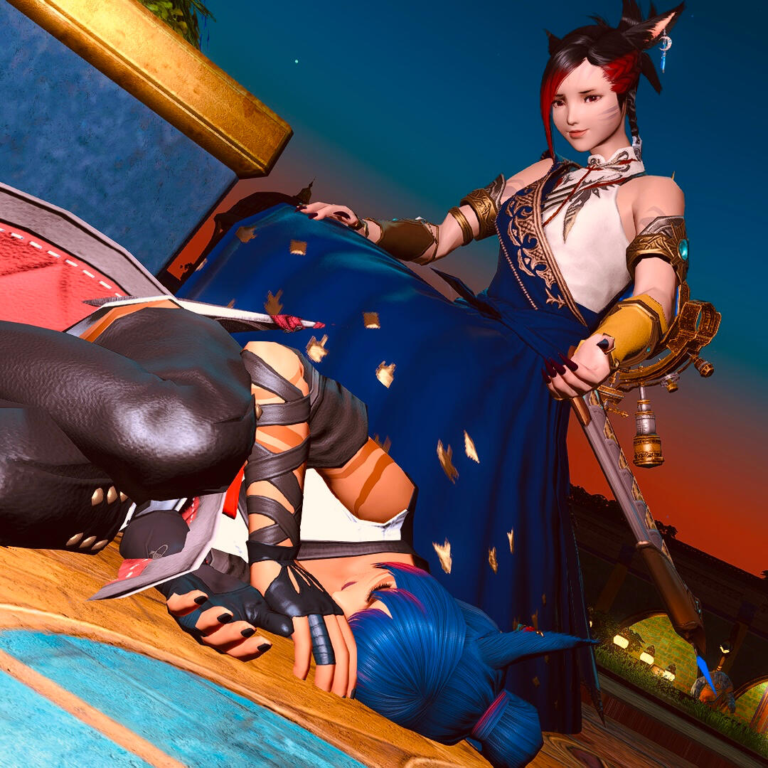 Lucan reunited with Ko’shari after 8 years apart, kissing atop a roof in Kugane.