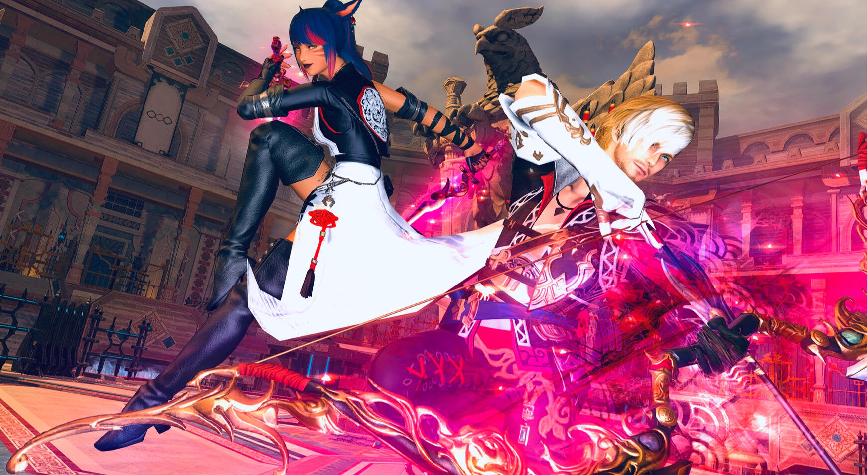 Lucan reunited with Ko’shari after 8 years apart, kissing atop a roof in Kugane.